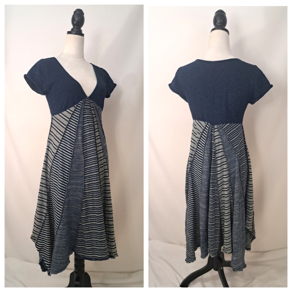 Free People Navy White Stripe Cotton Dress Distress Handkerchief Boho V Small